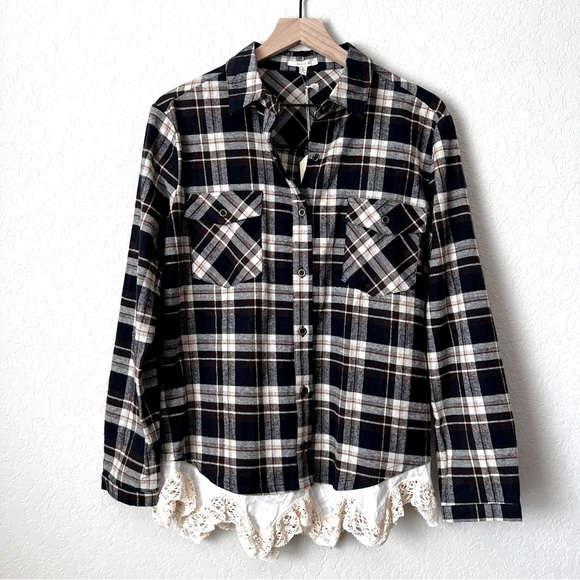 JODIFL Tops - JODIFL Plaid Flannel & Lace Shirt Top Button Western Navy Cream Brown S …